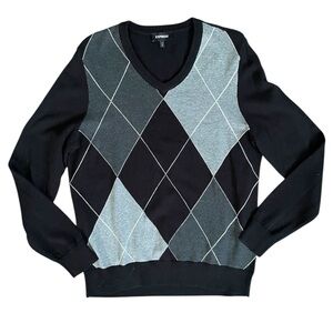 Express V-Neck Argyle men’s Sweater in Black Gray sz Large preppy classic cotton